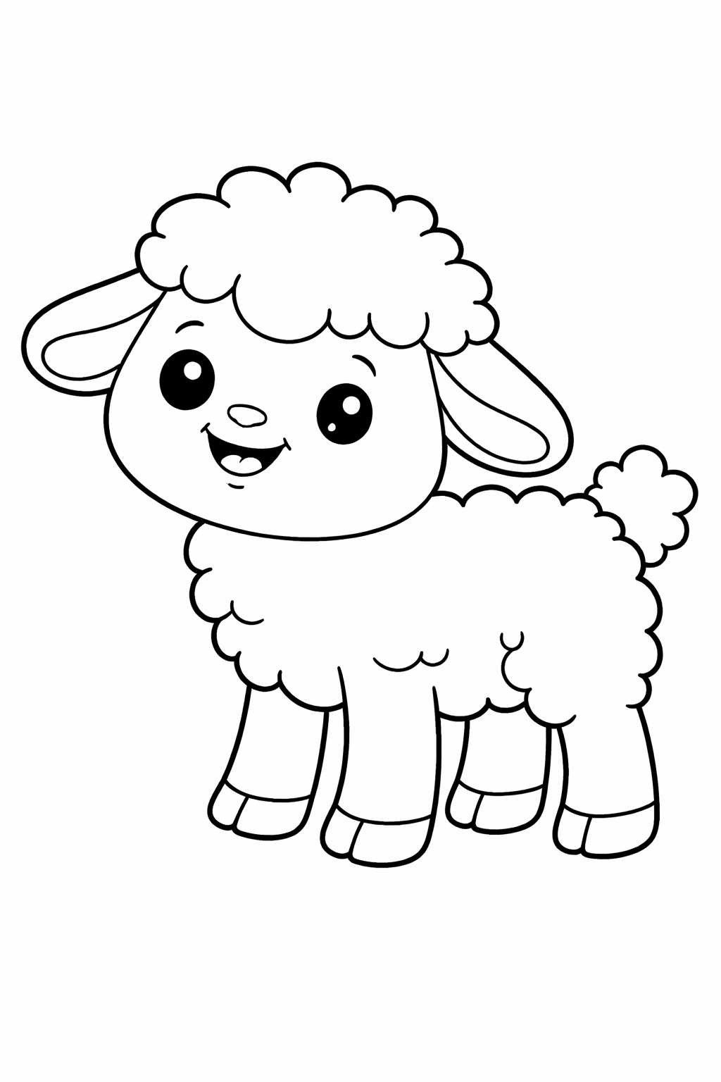 A coloring page of a cute, fluffy lamb with big friendly eyes and a smiling face. Kids can color its woolly coat and playful features, adding vibrant hues to bring it to life.