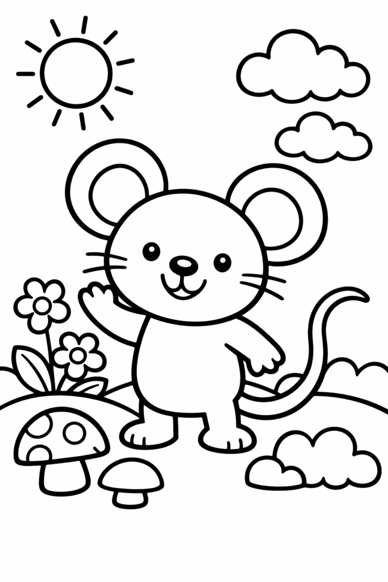 An adorable line-drawing of a mouse standing in a sunny outdoors with flowers and mushrooms, perfect for children to color and enjoy.