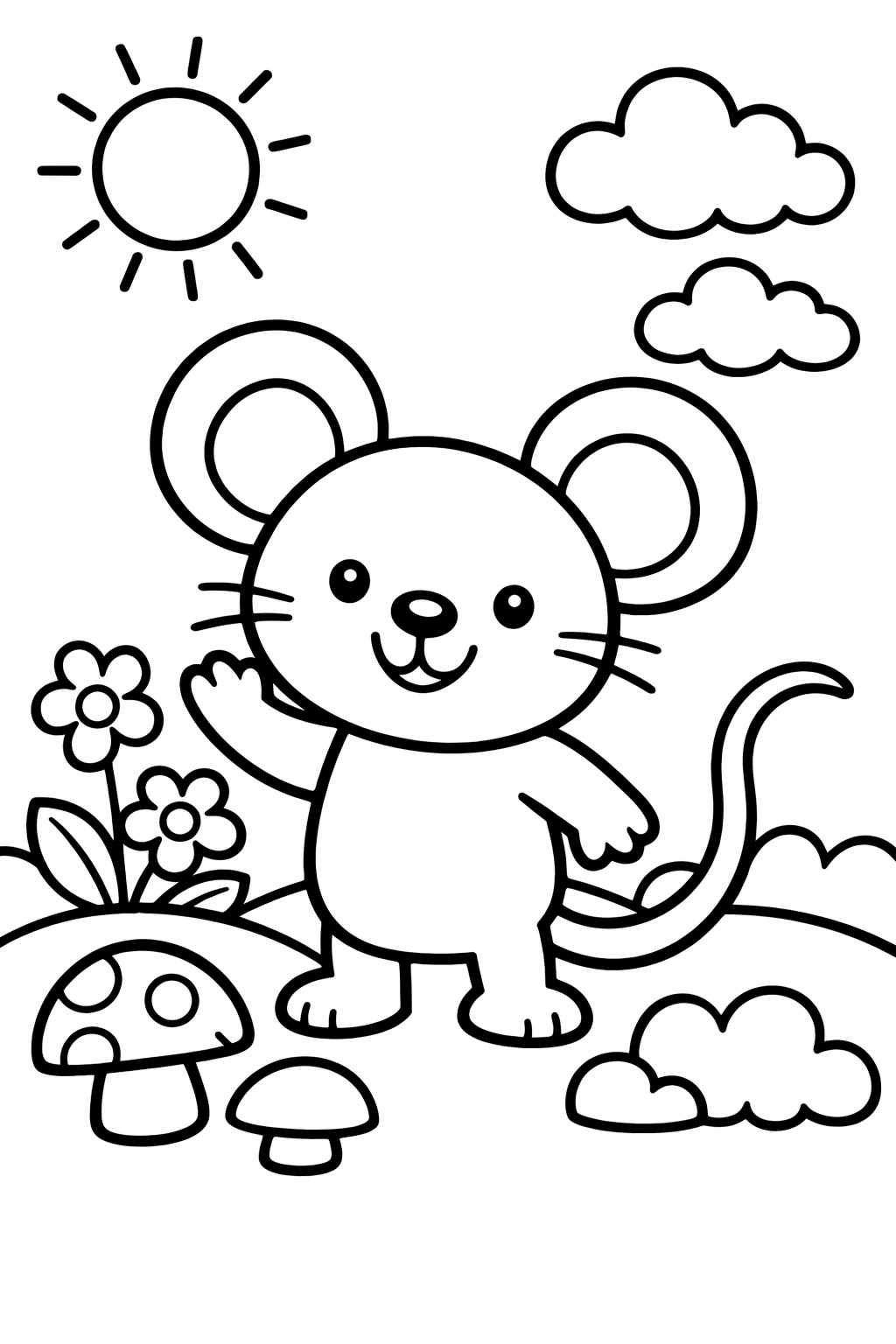 An adorable line-drawing of a mouse standing in a sunny outdoors with flowers and mushrooms, perfect for children to color and enjoy.