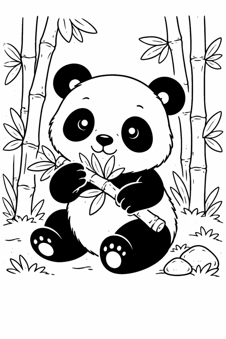 A cute panda is holding a piece of bamboo, sitting among tall bamboo stalks and foliage. This coloring page is perfect for children, providing a delightful scene to fill with vibrant colors.