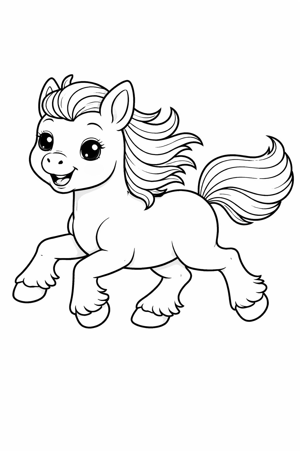 A delightful coloring page depicting a cute pony with a cheerful expression, fluffy mane, and playful stance. Kids will enjoy coloring this charming pony, making it a fun and creative activity.
