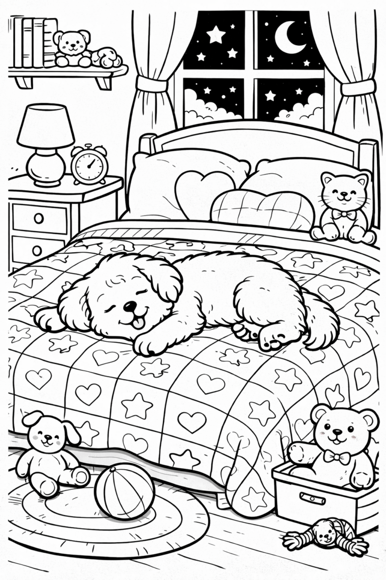 A cute puppy peacefully sleeping on a patterned bedspread in a cozy bedroom surrounded by stuffed toys, with a night sky backdrop through the window.