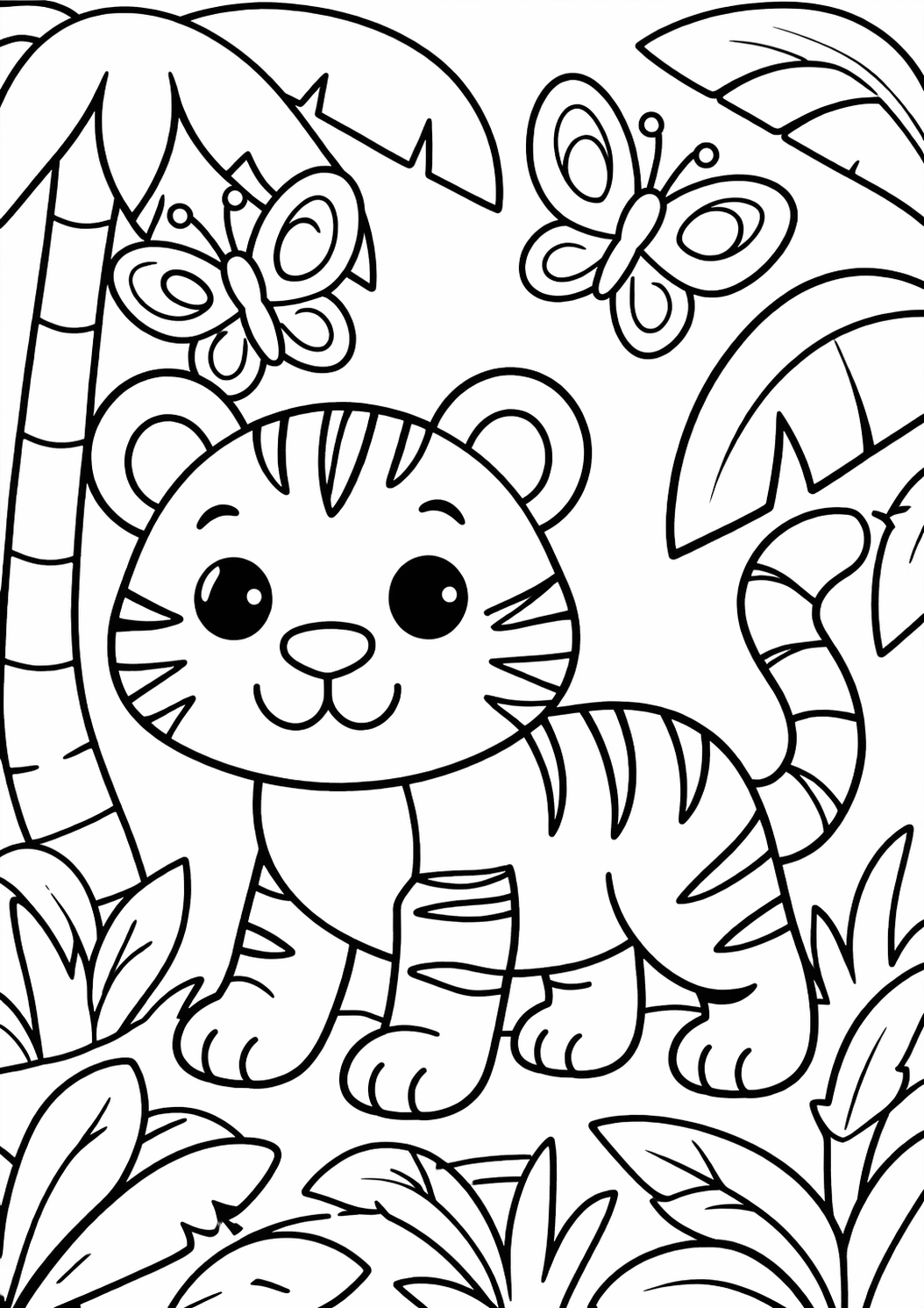 An adorable tiger standing in the jungle with two playful butterflies flying around. The scene is filled with palm trees and lush foliage, making it an engaging coloring activity for children.