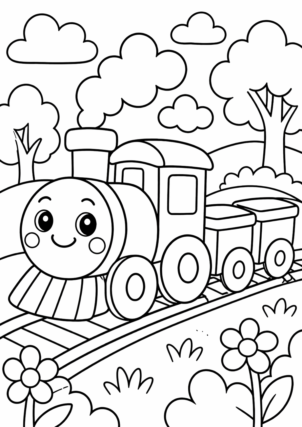 A coloring page of a cute, smiling train on a track surrounded by fluffy clouds and flowers. Children will love coloring this cheerful landscape and adding their own vibrant touches to the scene.