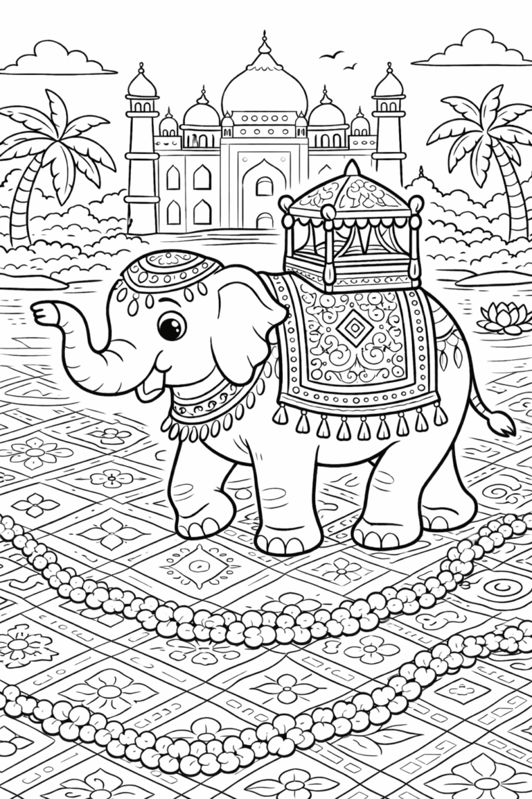 A children's coloring page showing a decorated elephant in front of an ornate palace, with detailed designs on both the elephant and the palace. Palm trees and clouds add to the background scenery.