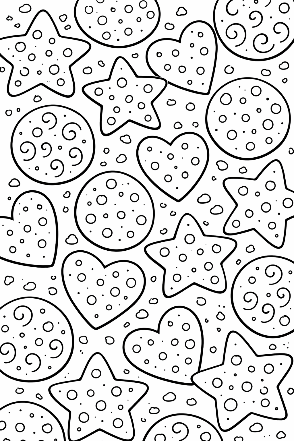 A coloring page with a variety of decorative cookies in star, heart, and circle shapes, waiting to be colored by imaginative kids.