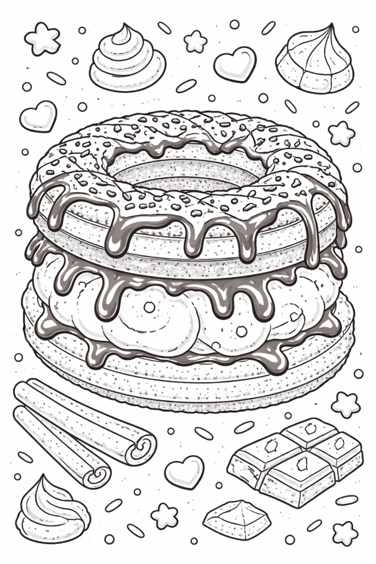 A coloring page of a large donut with frosting, surrounded by sprinkles, cinnamon sticks, and chocolate pieces, ready for children's creativity to bring it to life.