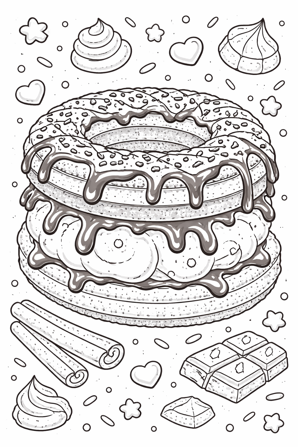 A coloring page of a large donut with frosting, surrounded by sprinkles, cinnamon sticks, and chocolate pieces, ready for children's creativity to bring it to life.