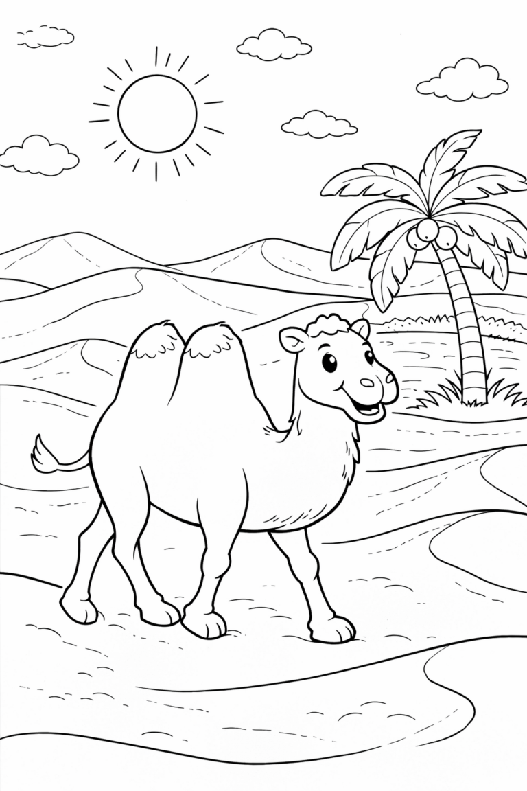 A fun coloring page showing a smiling camel walking in a desert with sand dunes, a bright sun overhead, and a palm tree nearby, inviting children to use their imagination.
