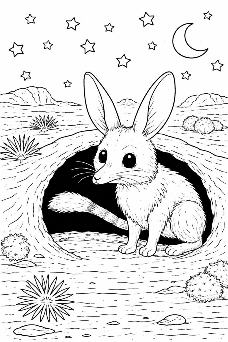 A delightful coloring page depicting a desert jerboa with prominent ears and eyes standing at the entrance of its burrow. The backdrop features a starry night sky and a sparse desert landscape with bushes and cacti.