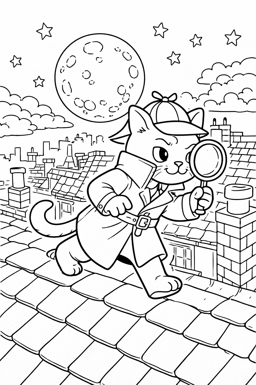 A detective cat on a rooftop, clad in cloak and hat, holds a magnifying glass. The scene includes stars and a bright moon, creating a mysterious night ambiance. Children will love coloring this imaginative setting.