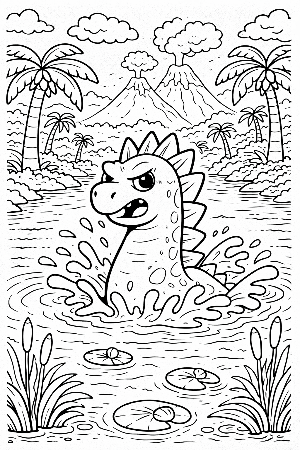 A playful dinosaur splashes in a prehistoric river surrounded by palm trees and volcanoes, inviting children to color its dynamic world.