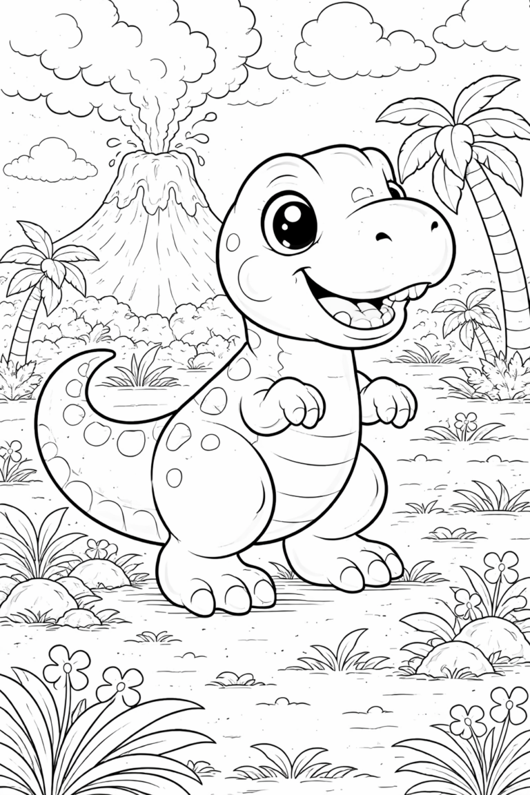 A charming children's coloring page featuring a joyful dinosaur set against a vibrant landscape of a smoking volcano and lush palm trees, capturing the imagination of young artists.