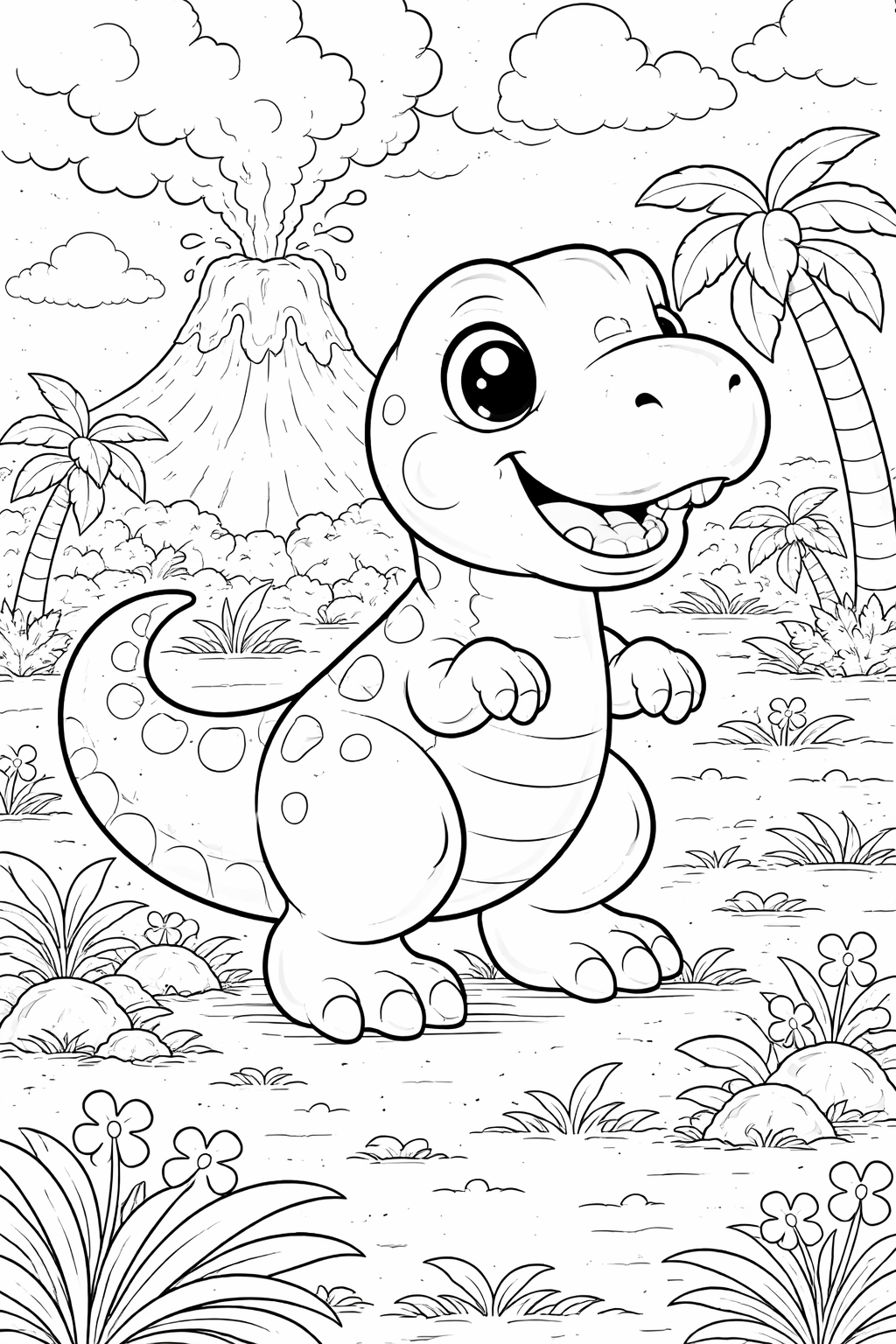 A charming children's coloring page featuring a joyful dinosaur set against a vibrant landscape of a smoking volcano and lush palm trees, capturing the imagination of young artists.