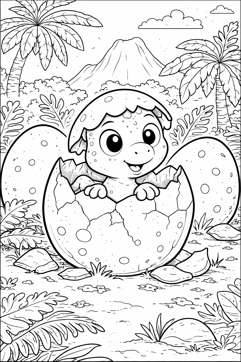 A baby dinosaur is hatching from an egg in this charming coloring page. The scene is set in a jungle with plants and a volcano in the background, creating a prehistoric atmosphere perfect for children to color and explore.