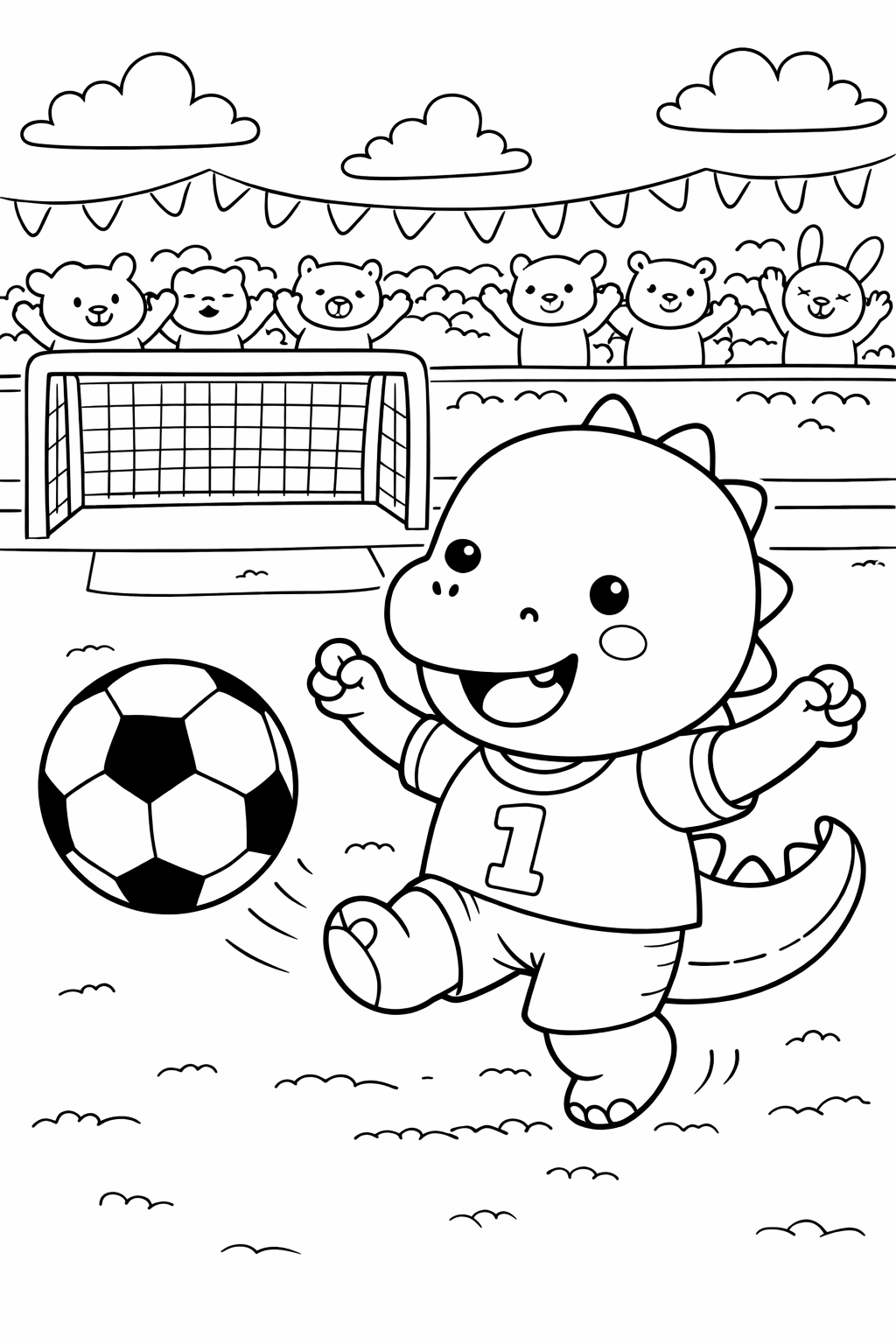 A joyful dinosaur kicks a soccer ball in a lively sports scene, surrounded by cheering animals, providing a fun and engaging coloring activity for children.