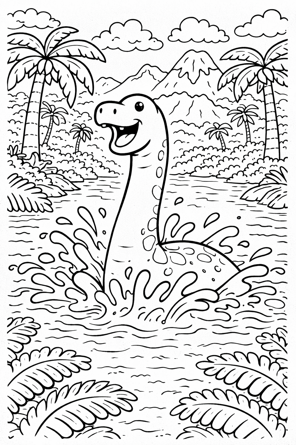 A delightful coloring page showcasing a cheerful dinosaur splashing in a river surrounded by palm trees and mountains. Children can explore their creativity by adding vibrant colors to this prehistoric scene full of exciting elements.