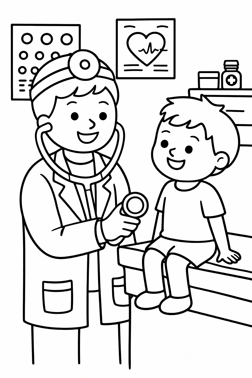 A coloring page showing a smiling doctor and a happy child in a clinic. The doctor is wearing a coat and a head mirror, holding a stethoscope, while the child sits on an examination table, smiling brightly.