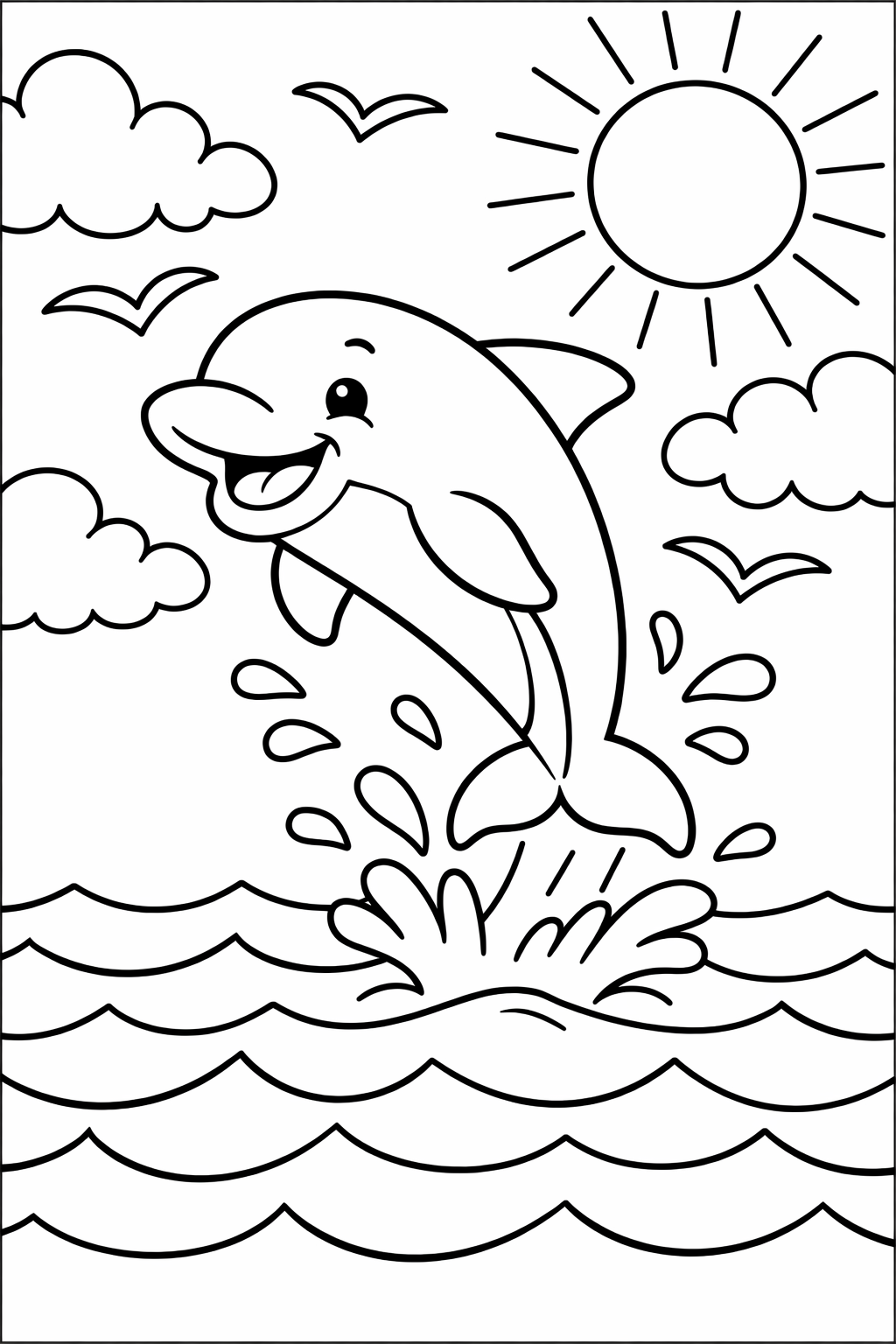 A fun and engaging coloring page featuring a cheerful dolphin jumping out of the ocean, with splashes and waves around it. The sun shines brightly above, with clouds and flying seagulls completing the lively scene, perfect for children to color.