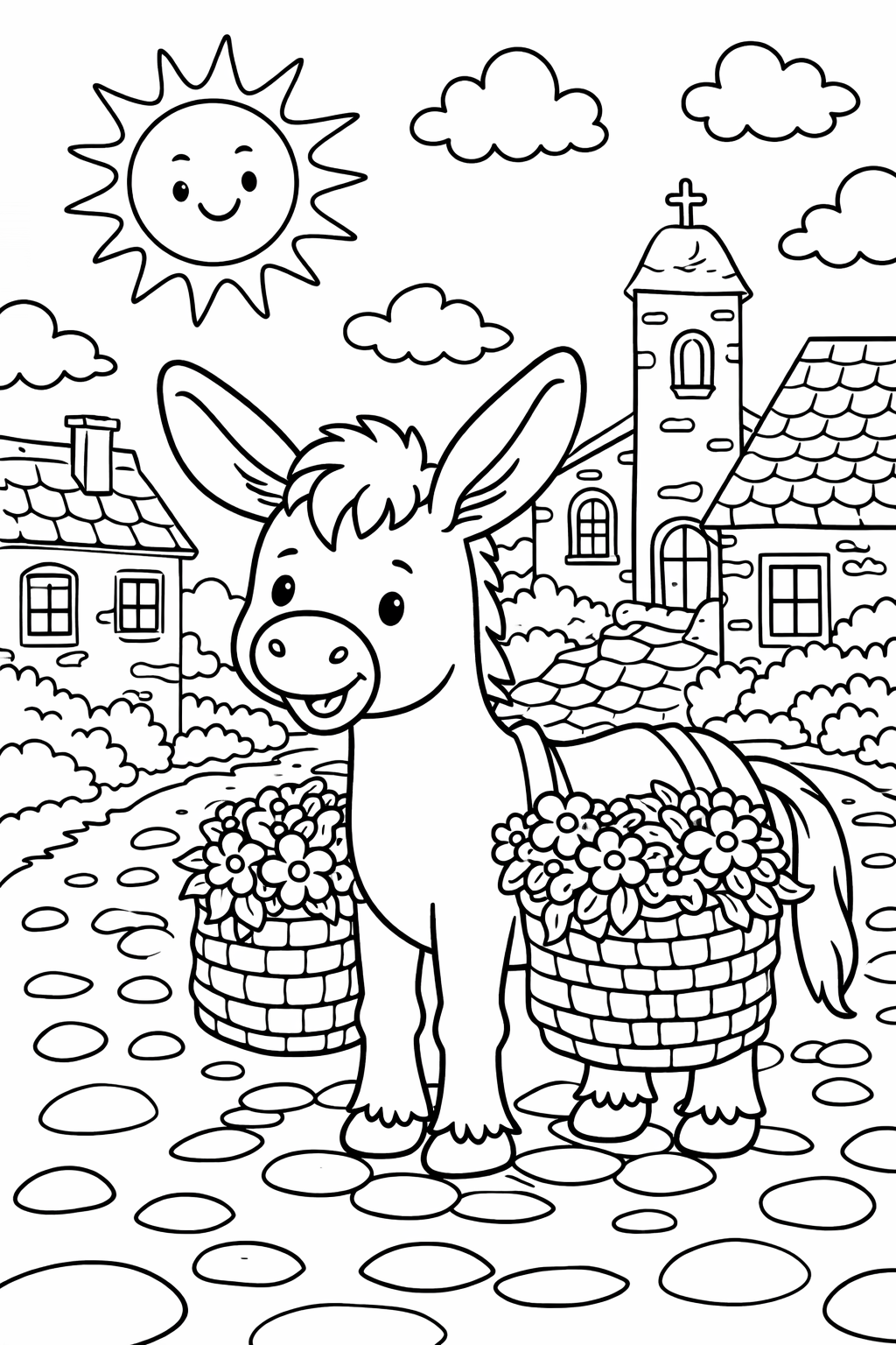 A joyful donkey with flower baskets stands on a cobblestone path in a village setting under a smiling sun, waiting for children to color its charming features.
