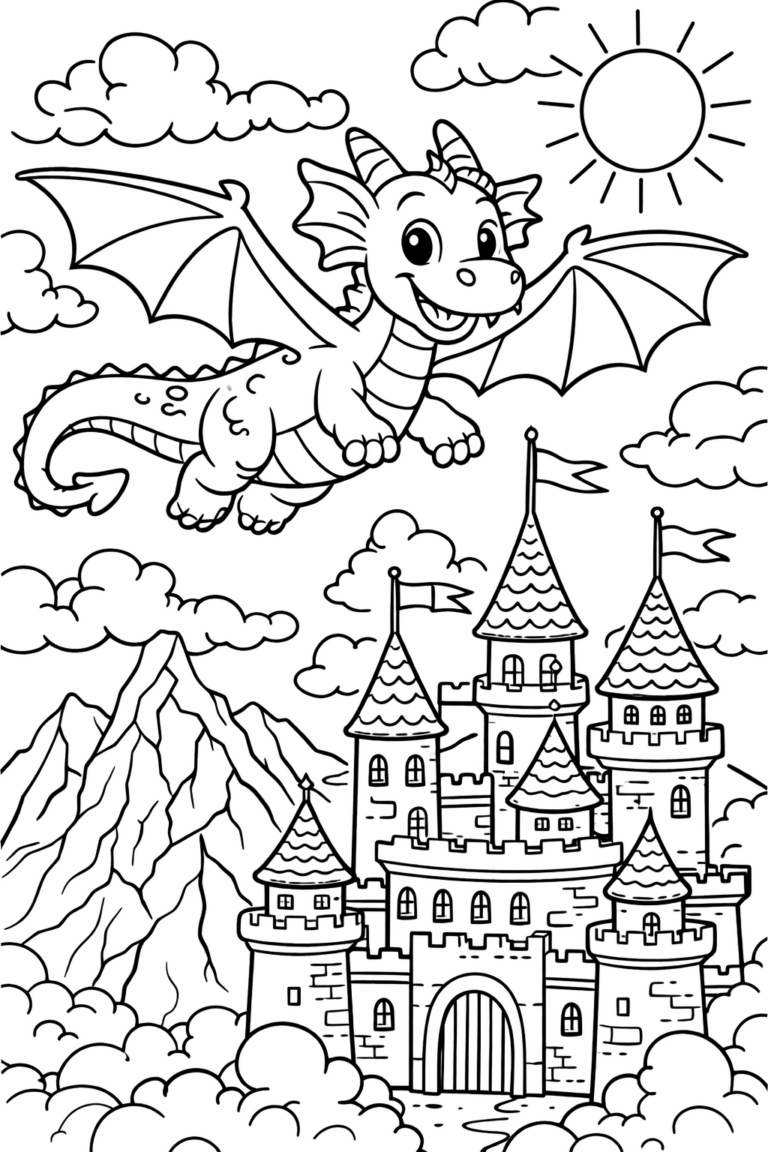 A smiling dragon flying over a castle surrounded by fluffy clouds and towering mountains in a fantasy setting. The bright sun shines overhead, inviting children to fill this lively scene with colors and creativity.