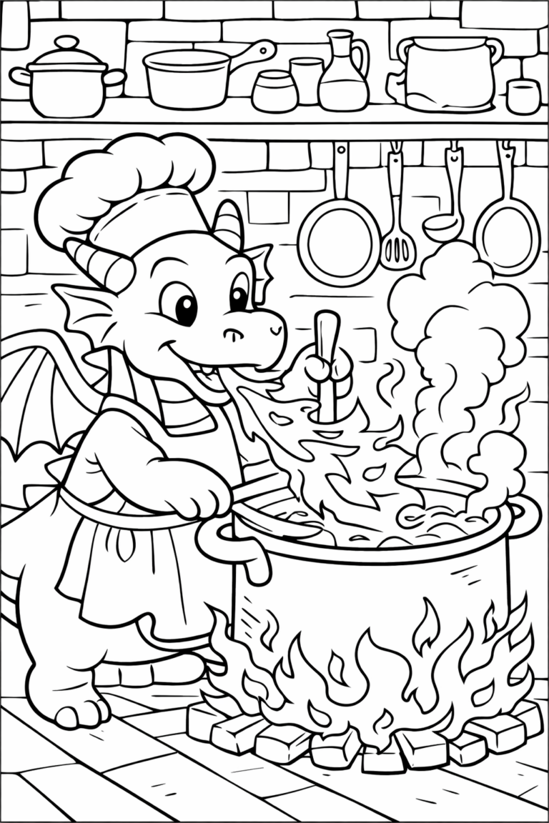 A cute dragon chef in a kitchen with pots and pans, enthusiastically cooking with a steaming pot over a lively fire.