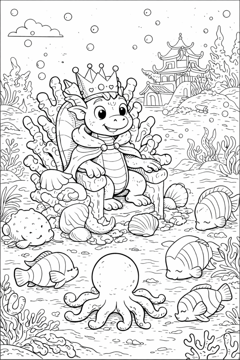 A whimsical coloring page showing a dragon king on a throne underwater. Fish and an octopus surround him while a pagoda is seen in the background. This scene invites children to explore a magical underwater world.