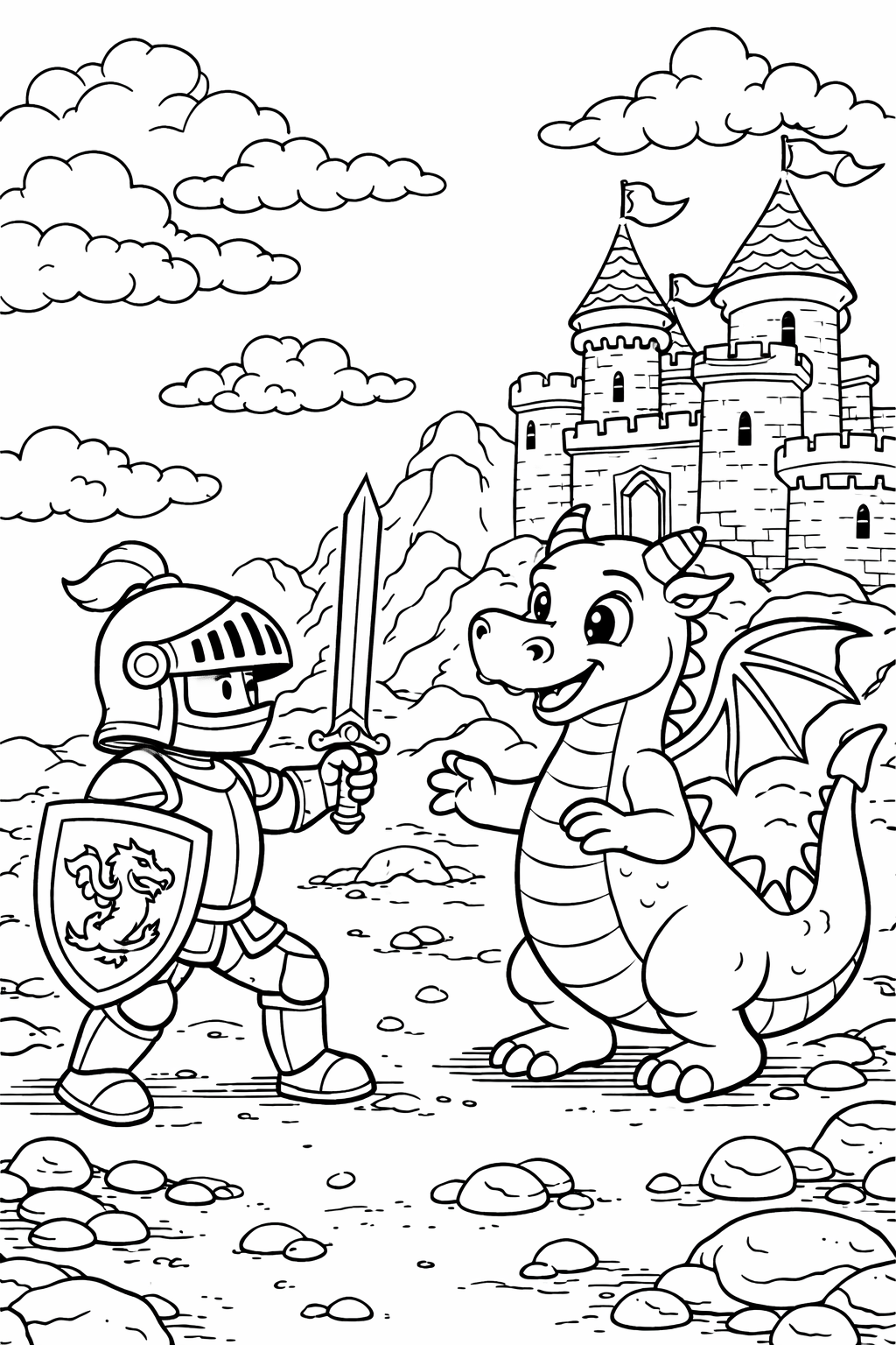 A children's coloring page showing a brave knight with a sword and shield standing opposite a friendly dragon. A majestic castle and fluffy clouds complete the adventurous scene.