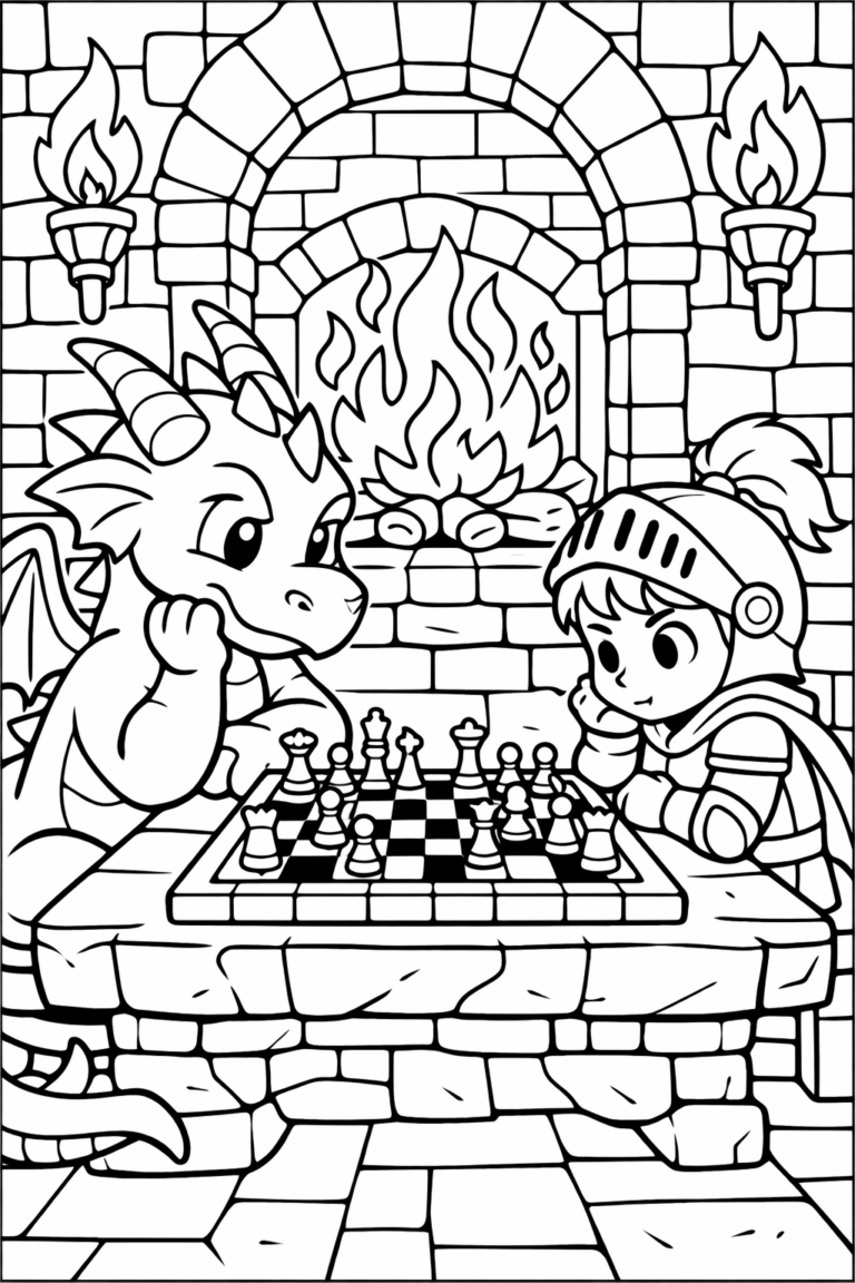 A delightful coloring page depicting a dragon and knight playing chess in a stone room, with a fireplace and torches providing a cozy fantasy setting for children to color.