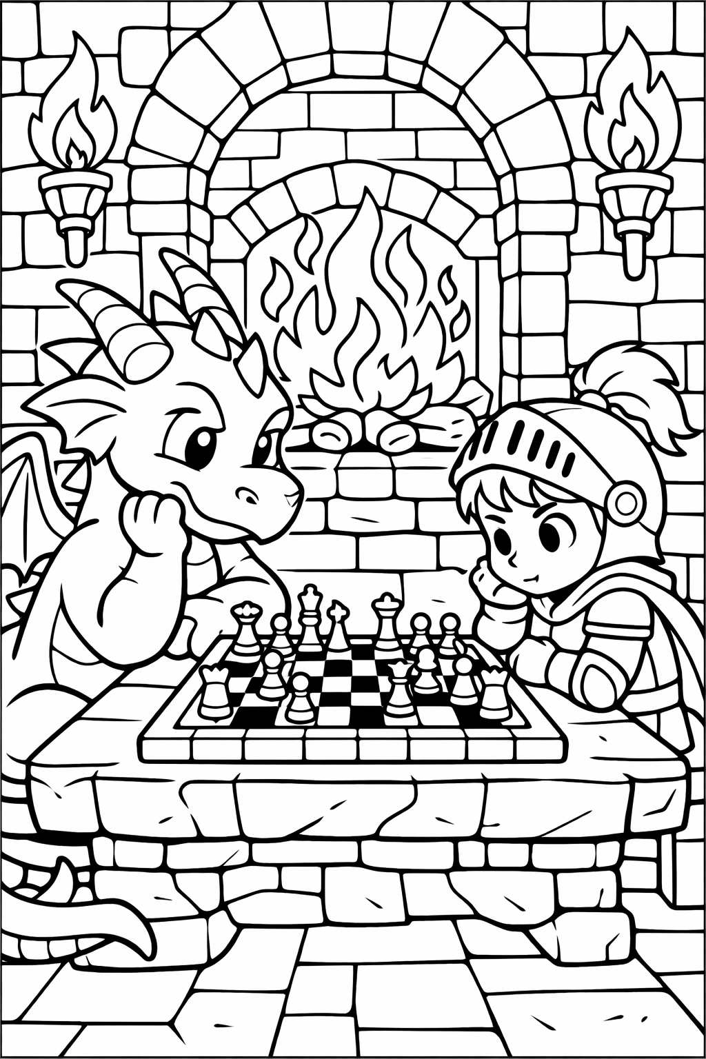 A delightful coloring page depicting a dragon and knight playing chess in a stone room, with a fireplace and torches providing a cozy fantasy setting for children to color.