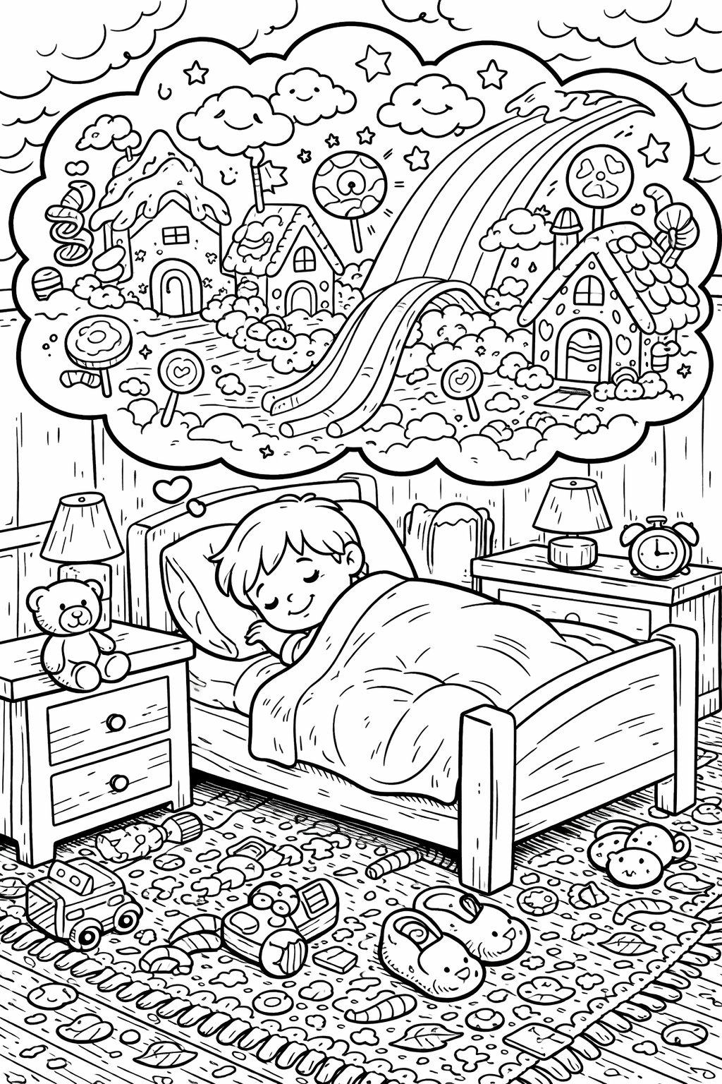 A child dreams of a magical world filled with candy houses, rainbows, and stars, while safely tucked in bed. The room is cozy, featuring a teddy bear and toys scattered on the floor. A creative coloring page for imaginative play.
