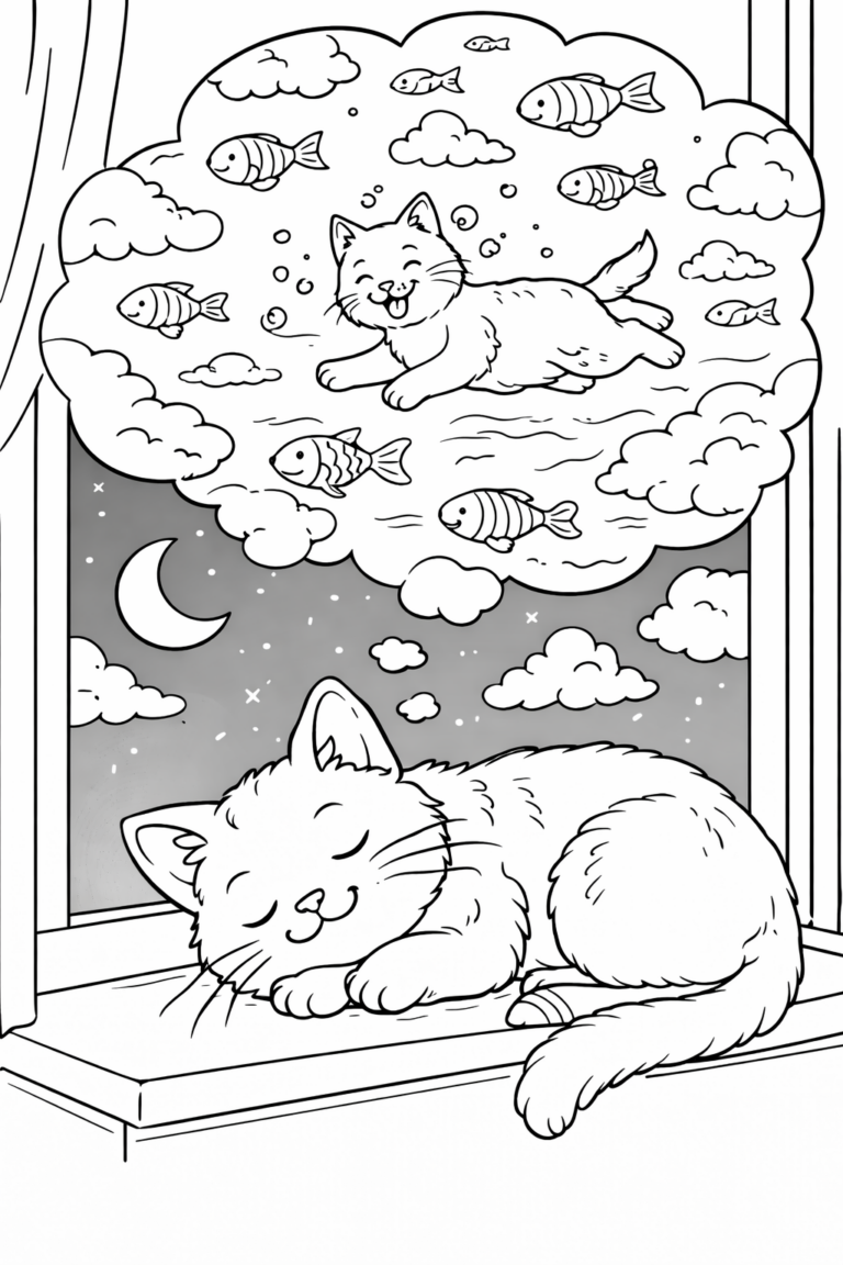 A delightful coloring page with a sleeping kitten on a windowsill, dreaming of swimming with cheerful fish under a starry night sky. Perfect for children to bring this imaginative scene to life with their coloring skills.