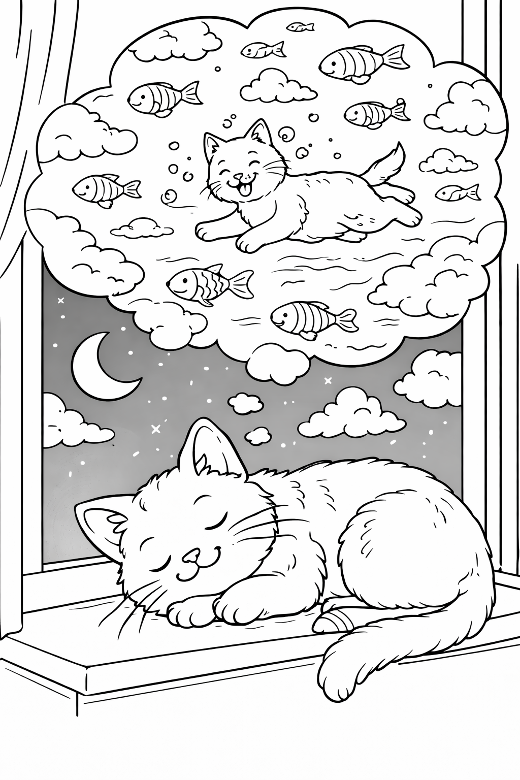 A delightful coloring page with a sleeping kitten on a windowsill, dreaming of swimming with cheerful fish under a starry night sky. Perfect for children to bring this imaginative scene to life with their coloring skills.