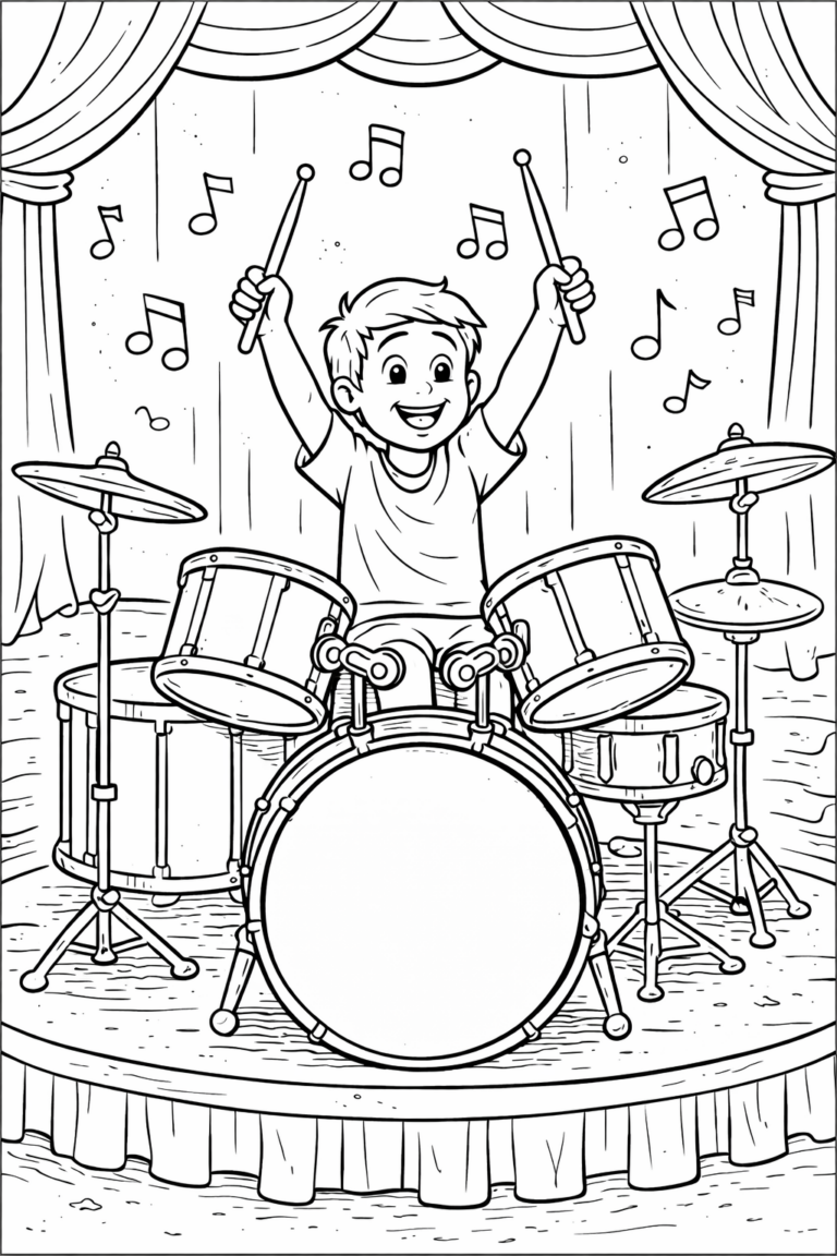 A child enthusiastically playing drums on stage, surrounded by music notes. This coloring page encourages kids to explore their musical creativity and enjoy art.