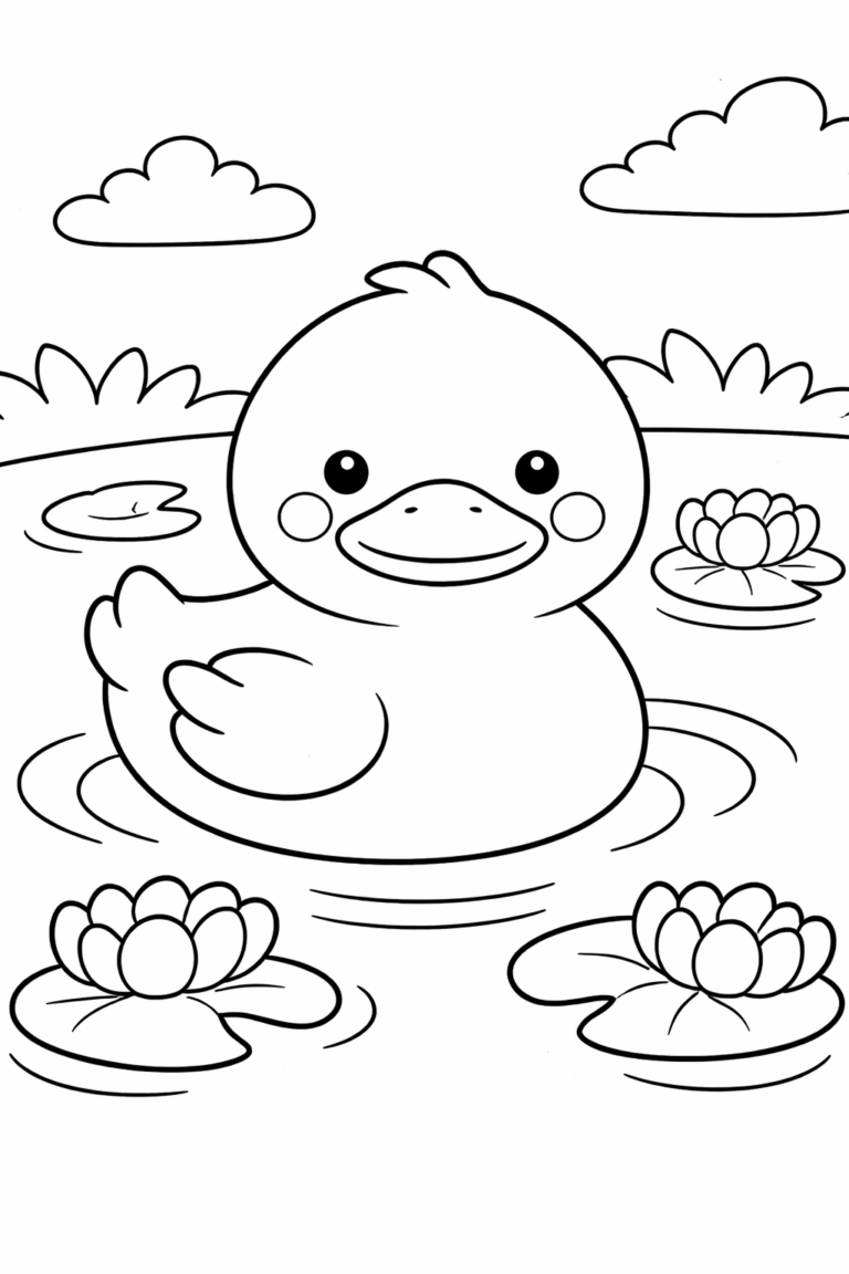 A cute duck floating on a tranquil pond among water lilies and clouds. Children will enjoy coloring this peaceful and charming nature scene.