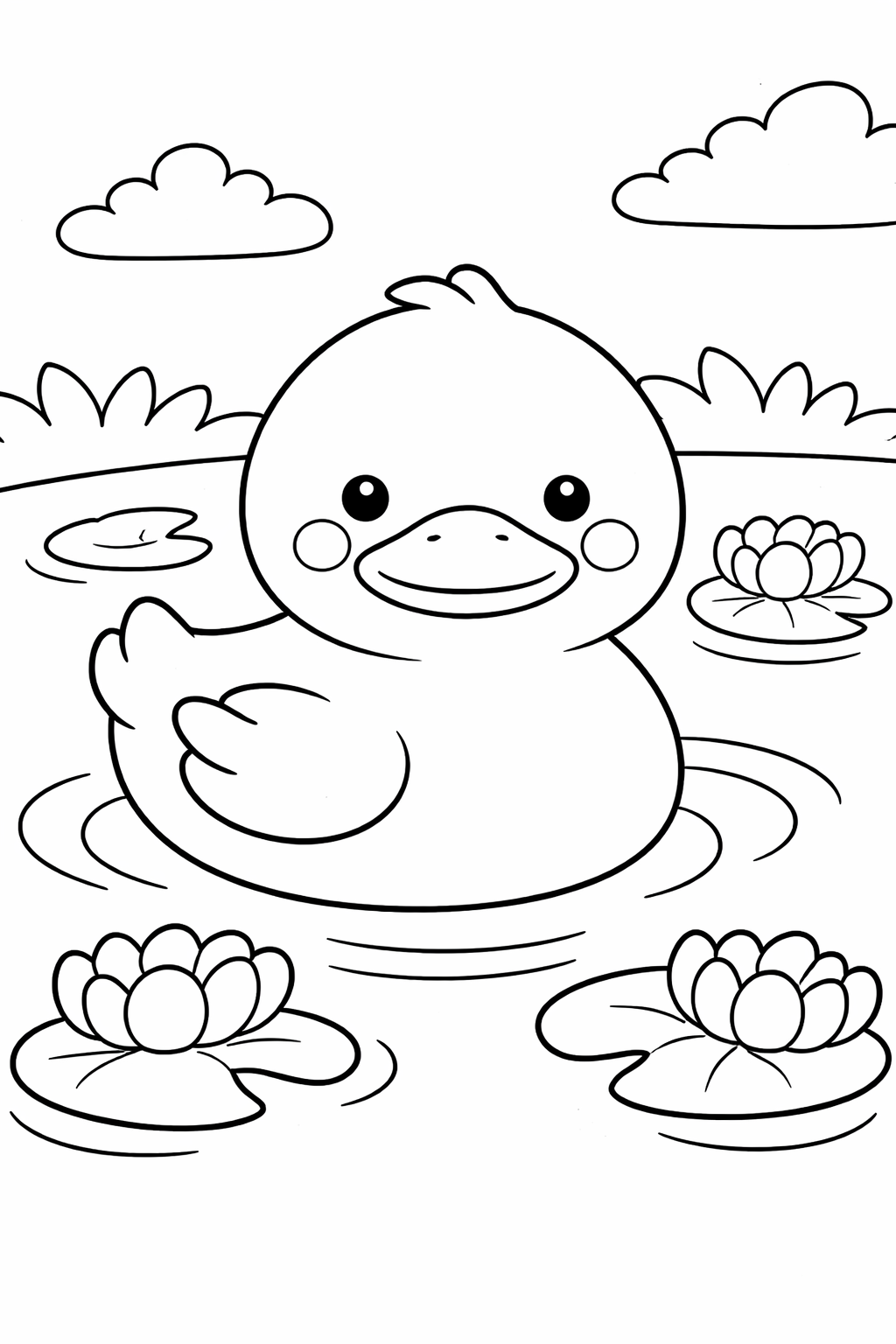 A cute duck floating on a tranquil pond among water lilies and clouds. Children will enjoy coloring this peaceful and charming nature scene.