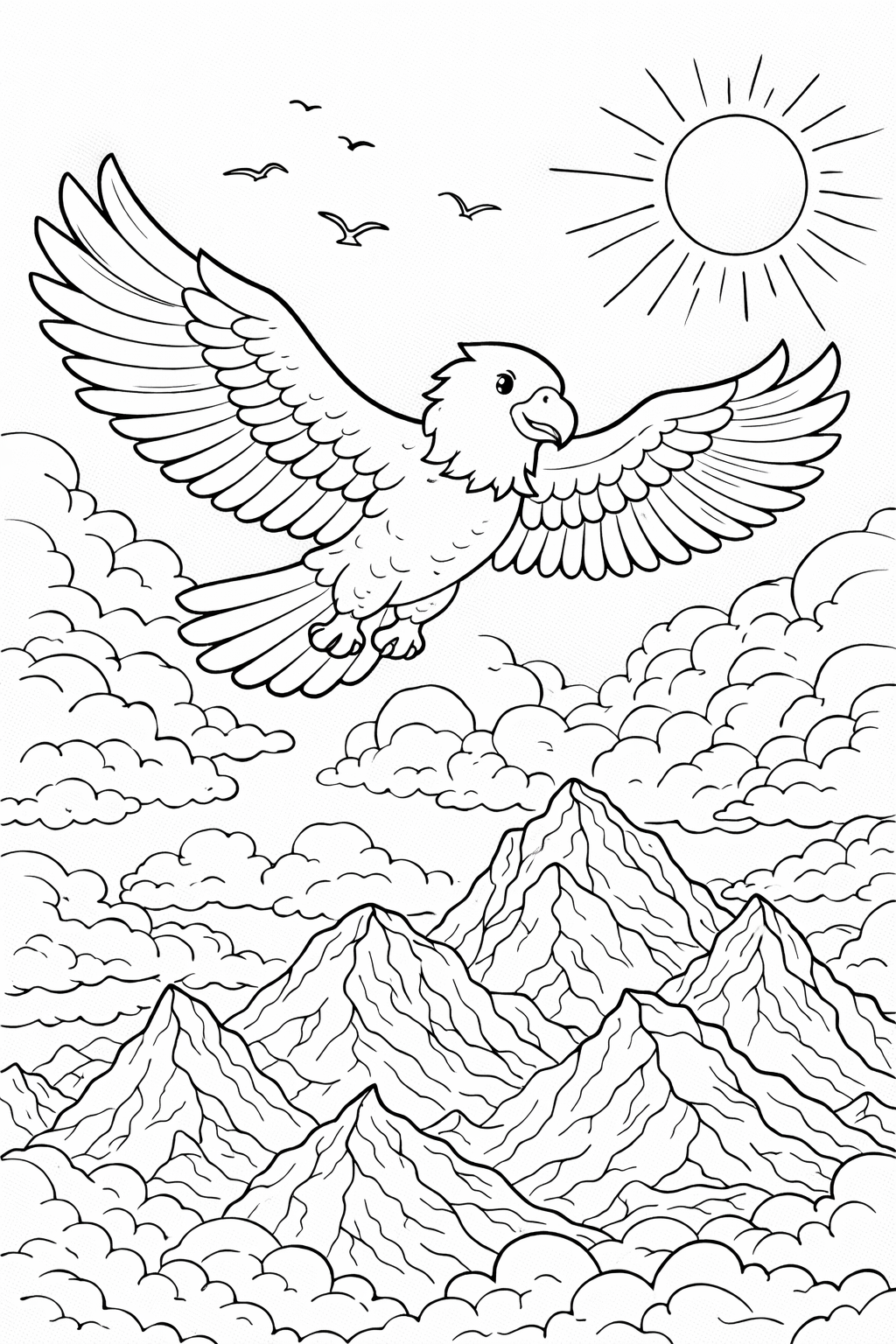 Coloring page of a soaring eagle over mountains with a bright sun and fluffy clouds. The scene evokes a sense of freedom and nature’s beauty, inviting children to color the landscape creatively.