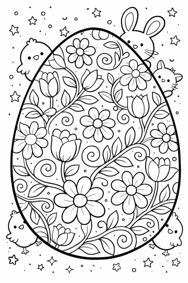 A delightful Easter-themed coloring page displaying a large intricately designed egg with floral patterns, accompanied by playful bunnies and cheerful chicks. Perfect for children's holiday activities.