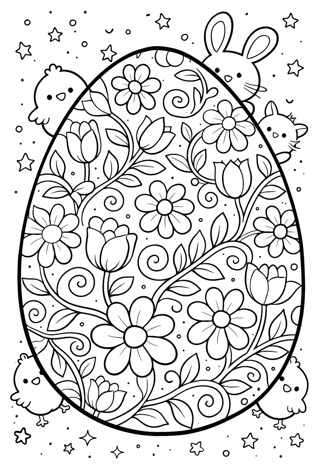 A delightful Easter-themed coloring page displaying a large intricately designed egg with floral patterns, accompanied by playful bunnies and cheerful chicks. Perfect for children's holiday activities.