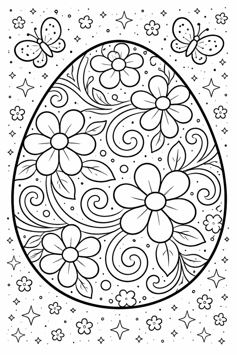 A detailed coloring page with an Easter egg decorated with large flowers and leaves, surrounded by butterflies, small flowers, and stars, offering a delightful and festive coloring activity for children.