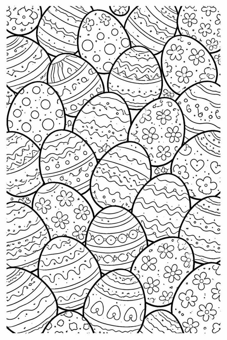 A collection of Easter eggs with various patterns including dots, stripes, and flowers, ready for kids to color and enjoy during the festive holiday season.