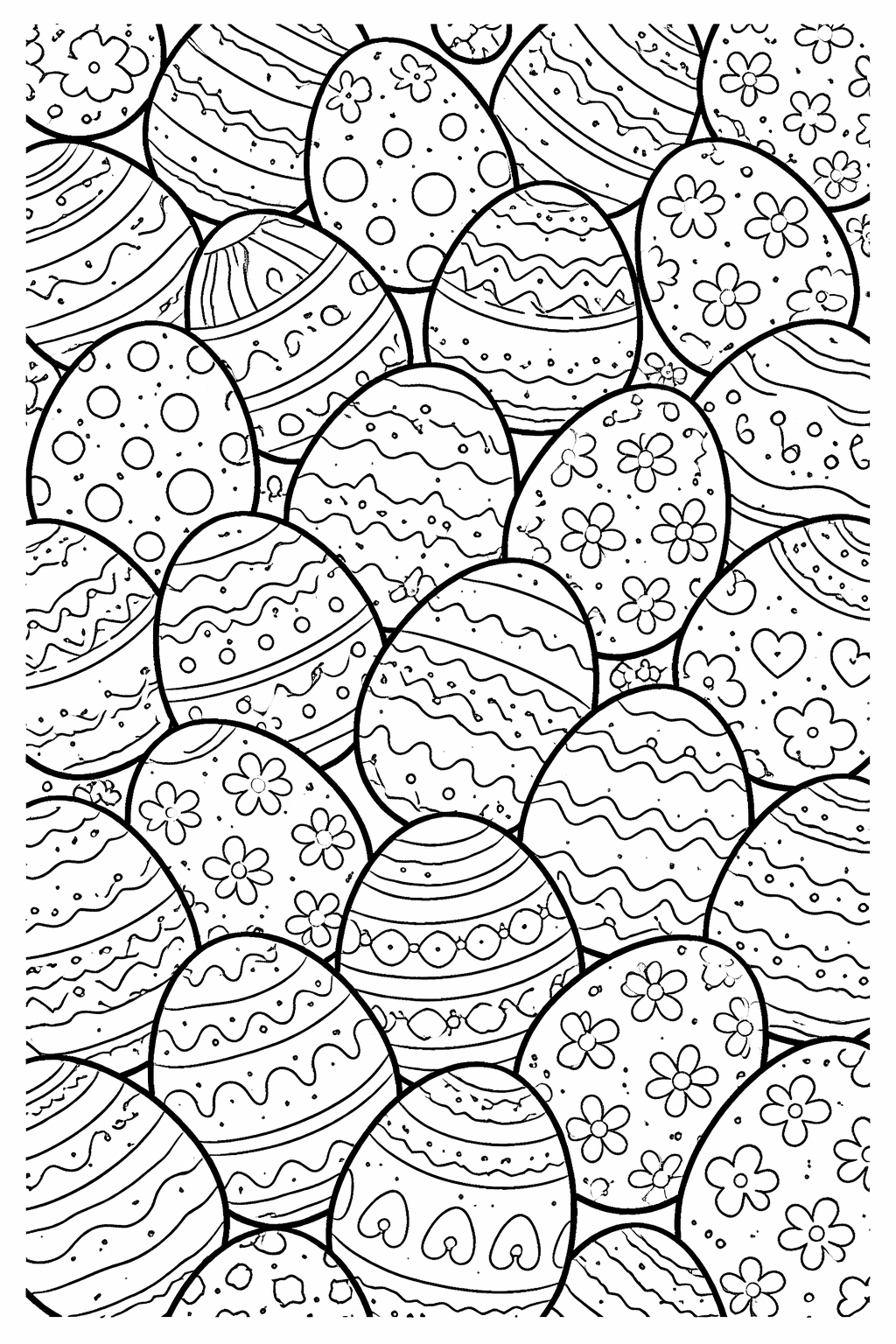 A collection of Easter eggs with various patterns including dots, stripes, and flowers, ready for kids to color and enjoy during the festive holiday season.