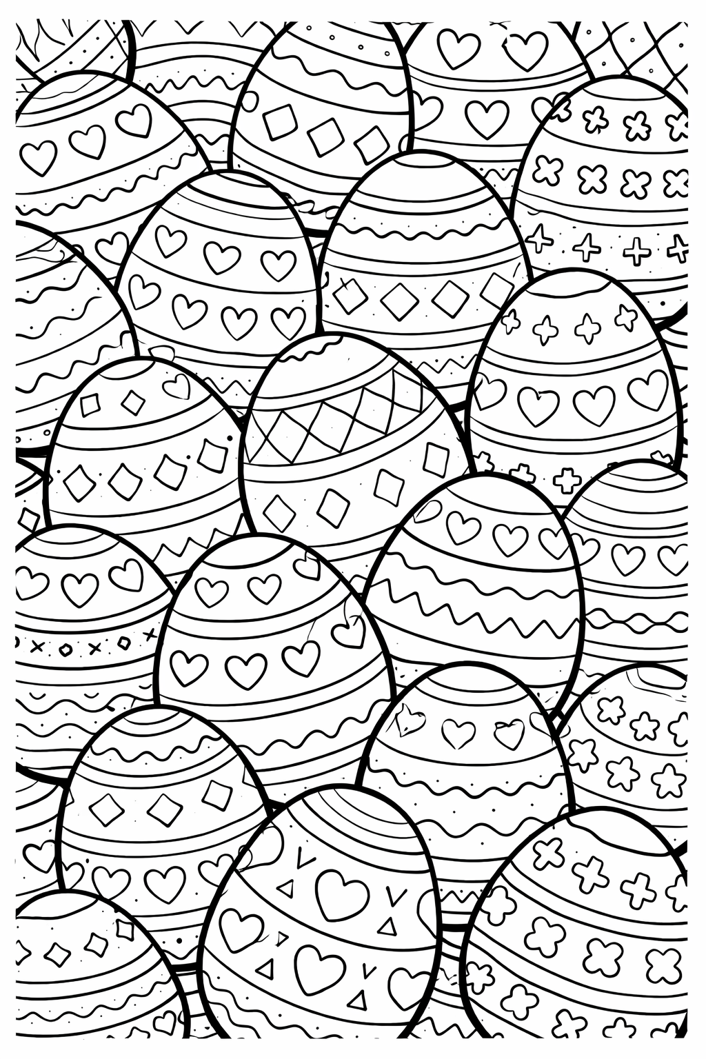 A detailed coloring page with numerous Easter eggs, each decorated with unique patterns like hearts, diamonds, and zigzags, ideal for children to color during the Easter season.