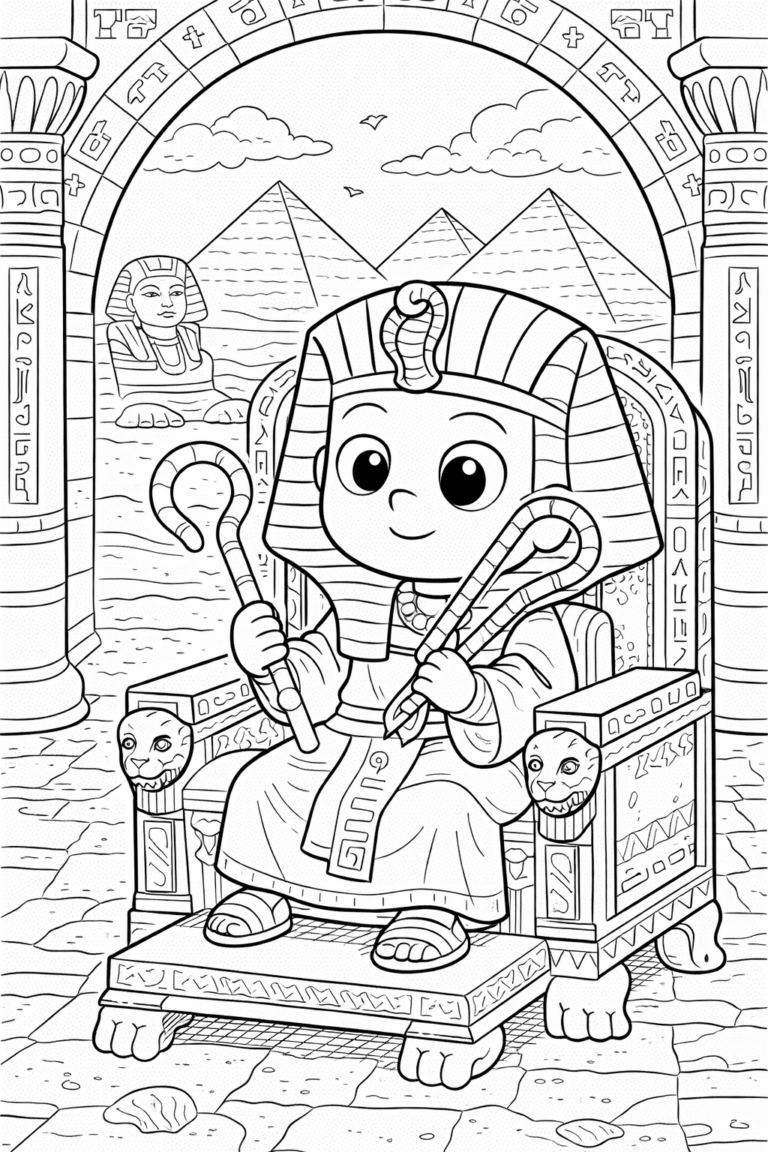 A fun and detailed coloring page featuring an Egyptian pharaoh on a throne with pyramids and the Sphinx in the background. Ideal for children's creative activities.
