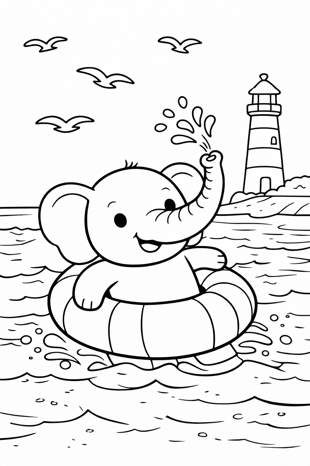 A cheerful baby elephant plays with a float in the ocean, splashing water with its trunk. The scene includes a lighthouse in the background and seagulls flying in the sky, providing a joyful beach atmosphere.