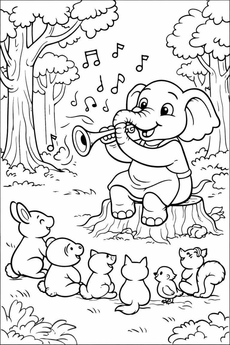A delightful scene with an elephant playing a trumpet for forest animals, capturing woodland charm and creativity for coloring enthusiasts.