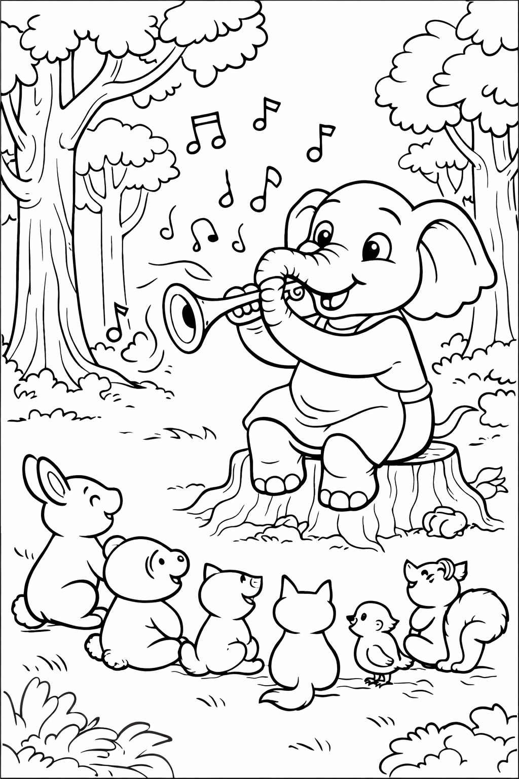 A delightful scene with an elephant playing a trumpet for forest animals, capturing woodland charm and creativity for coloring enthusiasts.