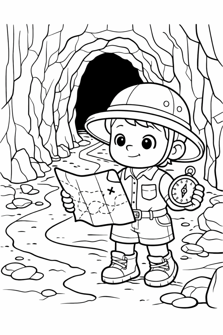 A young explorer holding a map and compass stands ready for an adventure in a rocky cave, sparking imaginative coloring and story ideas.