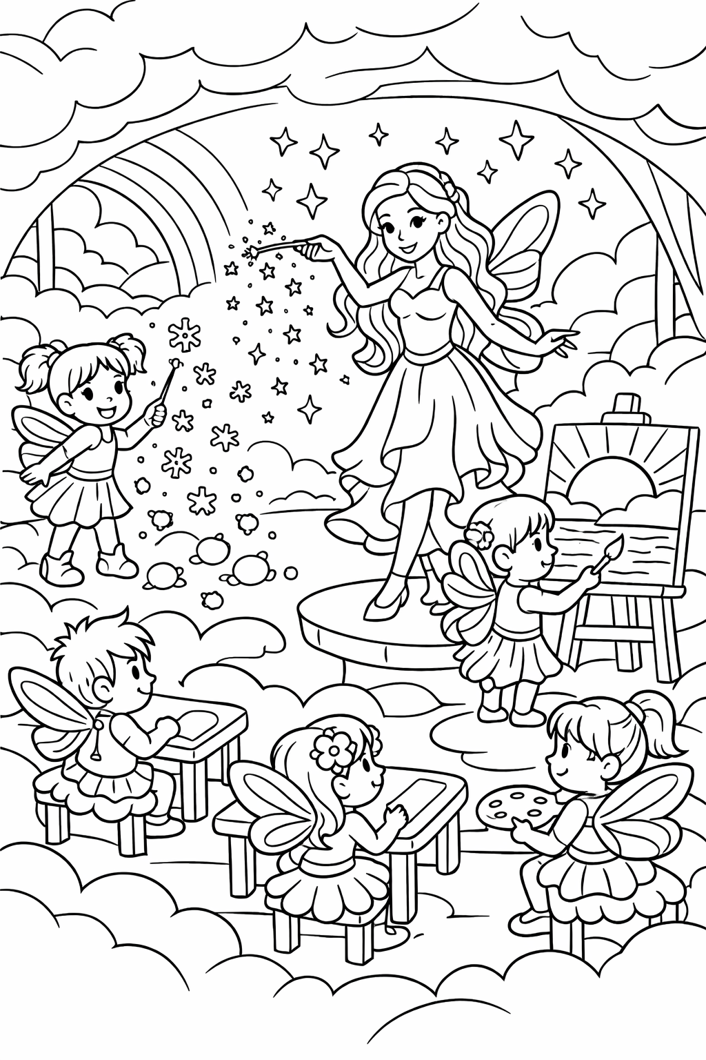 A lively fairy classroom with fairies painting, drawing, and performing magic under the guidance of a fairy teacher, set against a background of clouds and stars.