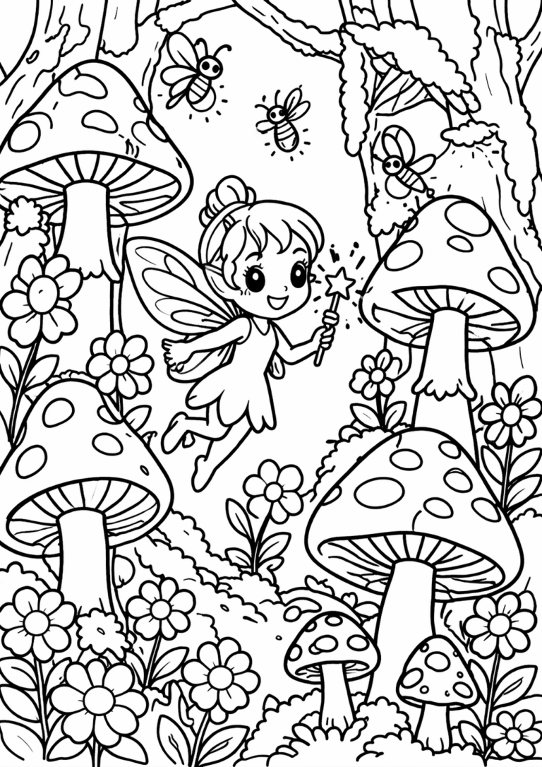 A whimsical fairy in a magical forest, surrounded by large spotted mushrooms, flowers, and buzzing bees. This delightful scene brings creativity and fantasy into the coloring experience for children.